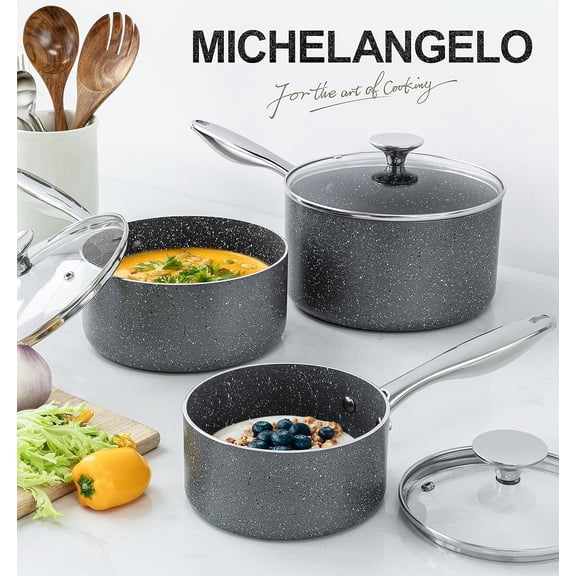 Granite Nonstick Sauce Pan Set with Lids, 1Qt 2Qt 3Qt Aluminum Pots, Oven Safe Grey Cookware