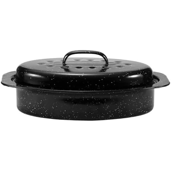 Granite Roaster Pan, Small 13” Enameled Roasting Pan with Domed Lid. Oval Turkey Roaster Pot, Broiler Pan Great for Small Chicken, Lamb. Dishwasher Safe Cookware Fit for 7Lb Bird