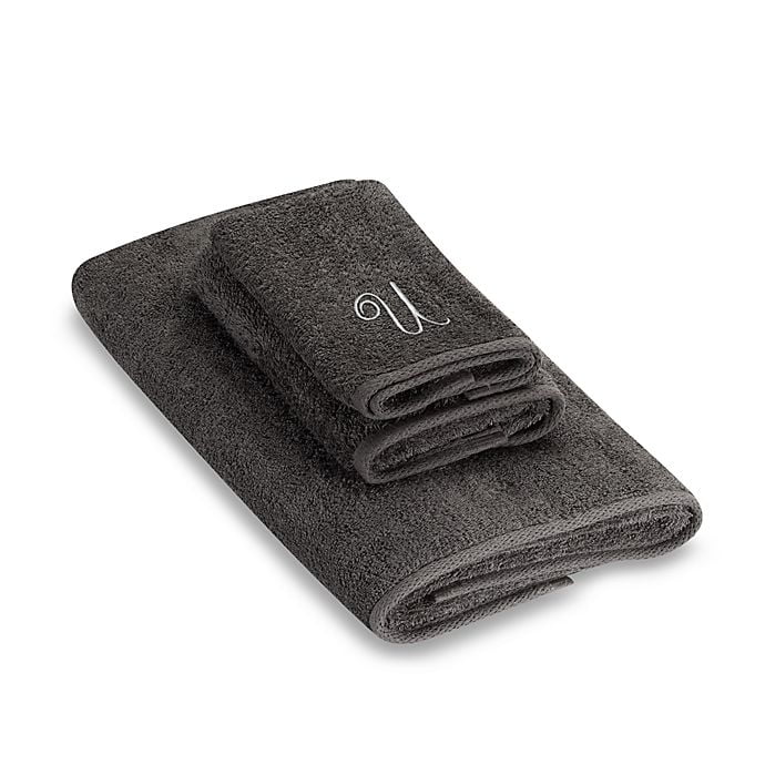 Granite/Silver Script Monogram Embroidered Fingertip Towel Letter U
