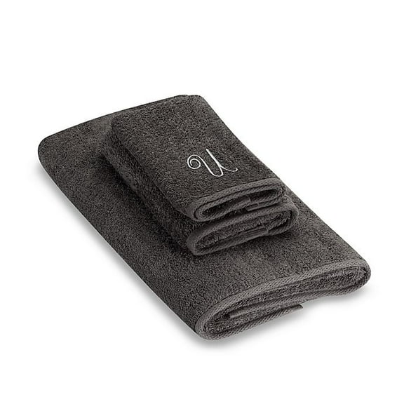 Granite/Silver Script Monogram Embroidered Fingertip Towel Letter U