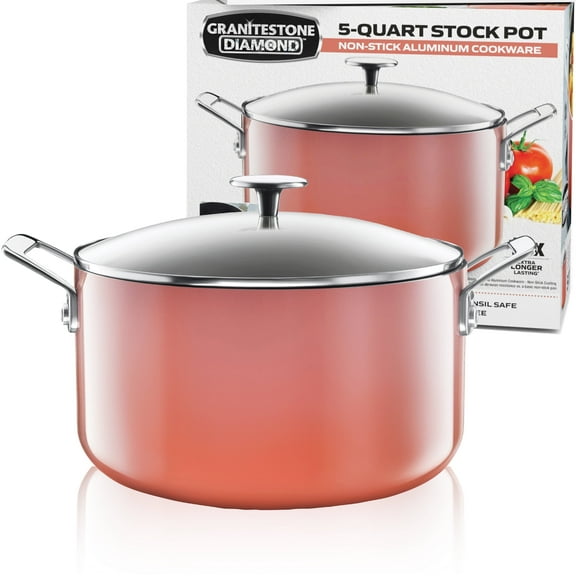 Granitestone Diamond 5 Qt Nonstick Stock Pot Soup Pot Pasta Pot Stew Pot with Tempered Glass Lid-Oven & Dishwasher Safe, Coral