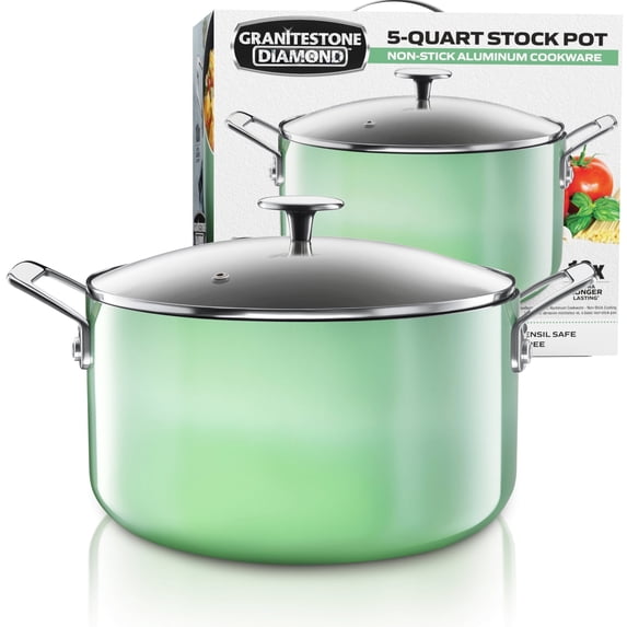 Granitestone Diamond 5 Qt Nonstick Stock Pot Soup Pot Pasta Pot Stew Pot with Tempered Glass Lid-Oven & Dishwasher Safe, Green