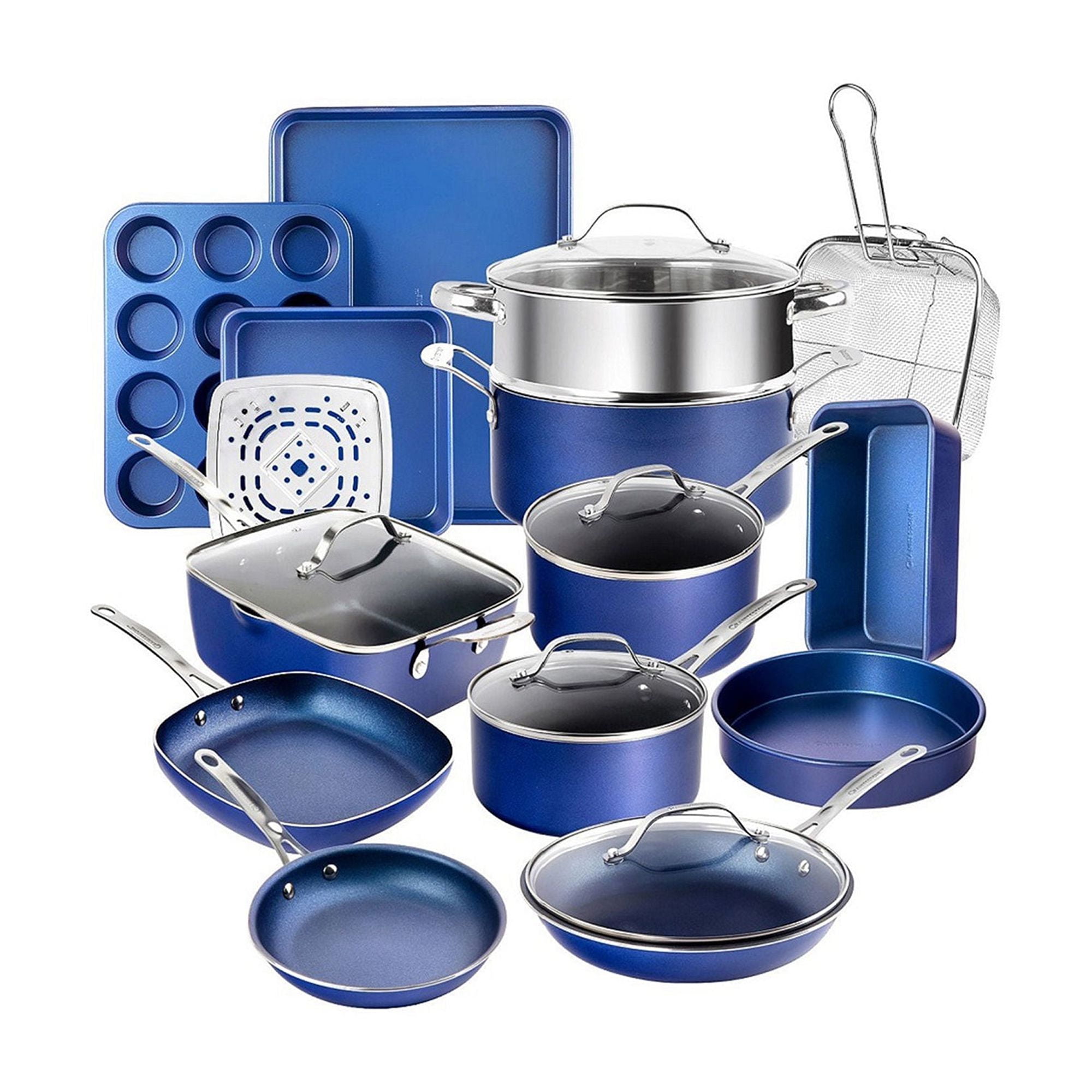 Free Shipping Gotham Steel Nonstick Pots and Pans 20 Piece Kitchen Ceramic Cookware Set Bakeware Cooking Frying Skillet Sauce Pan Blue Walmart