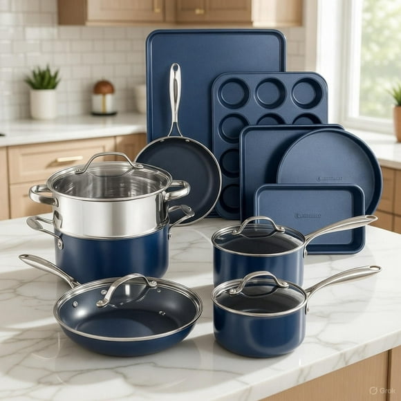 Granitestone 15 Pc Kitchen Pots and Pans Set Non Stick, Kitchen Cookware Sets, Pot and Pan Set, Nonstick Cookware Set, Diamond Coated Non Stick Pots and Pan Set, Dishwasher Safe - Blue