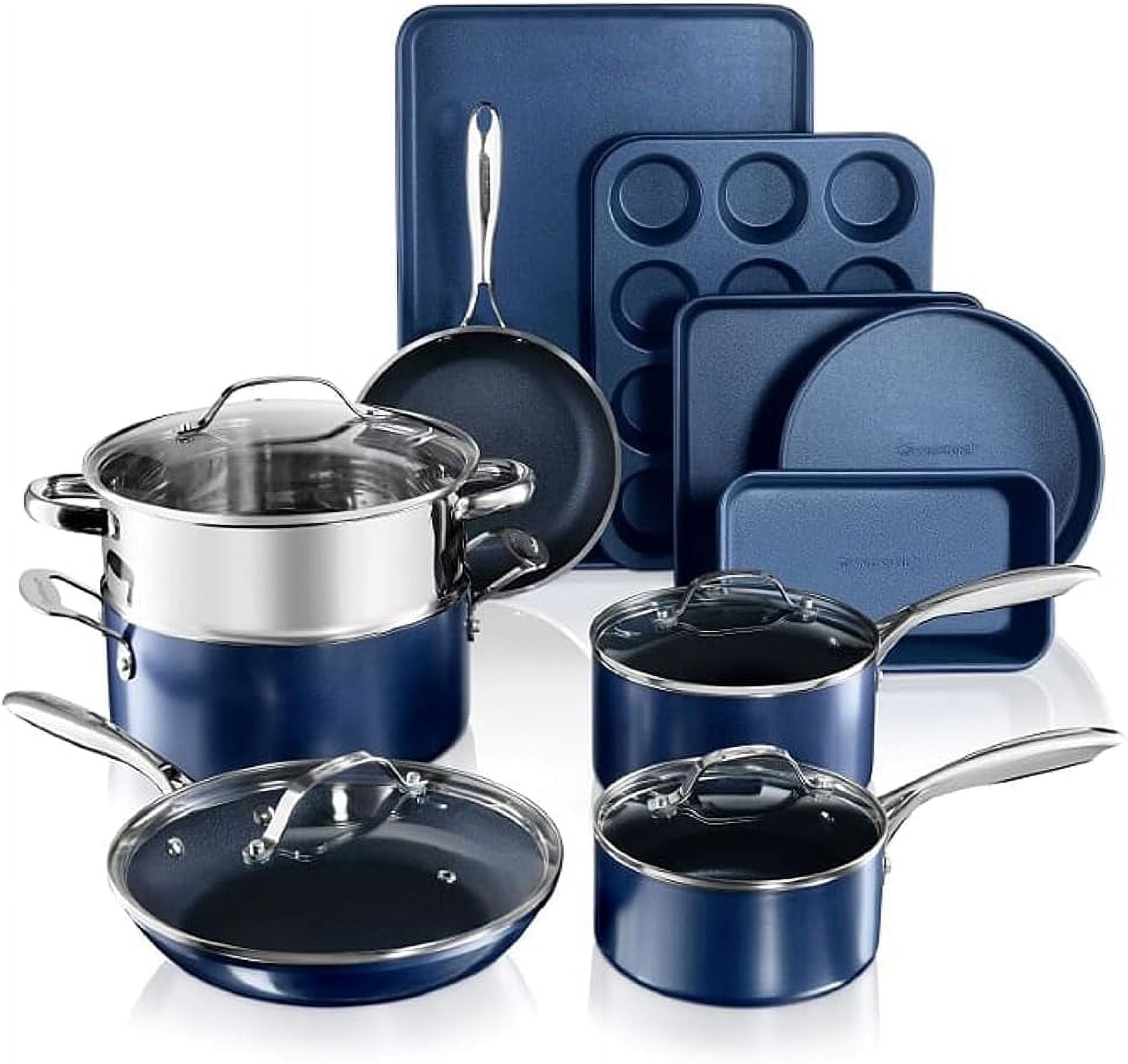Granitestone 15 Pc Kitchen Pots and Pans Set Non Stick, Kitchen Cookware Sets, Pot and Pan Set, Nonstick Cookware Set, Diamond Coated Non Stick Pots and Pan Set, Dishwasher Safe - Blue