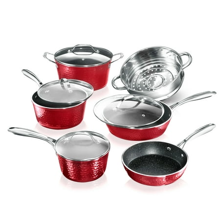 Granite Stone Hammered Titanium Non-Stick Diamond Infused 10 Piece Cookware Set with Glass Lids, Oven Safe, Dishwasher Safe - Red