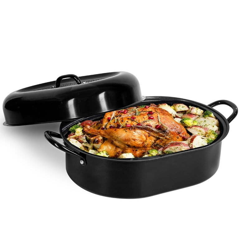 Granitestone 18.8 inch XL Turkey Roaster Pan with Lid - Ultra Nonstick Turkey Pan for Oven with Grooved Bottom for Basting, Large Roasting Pan for