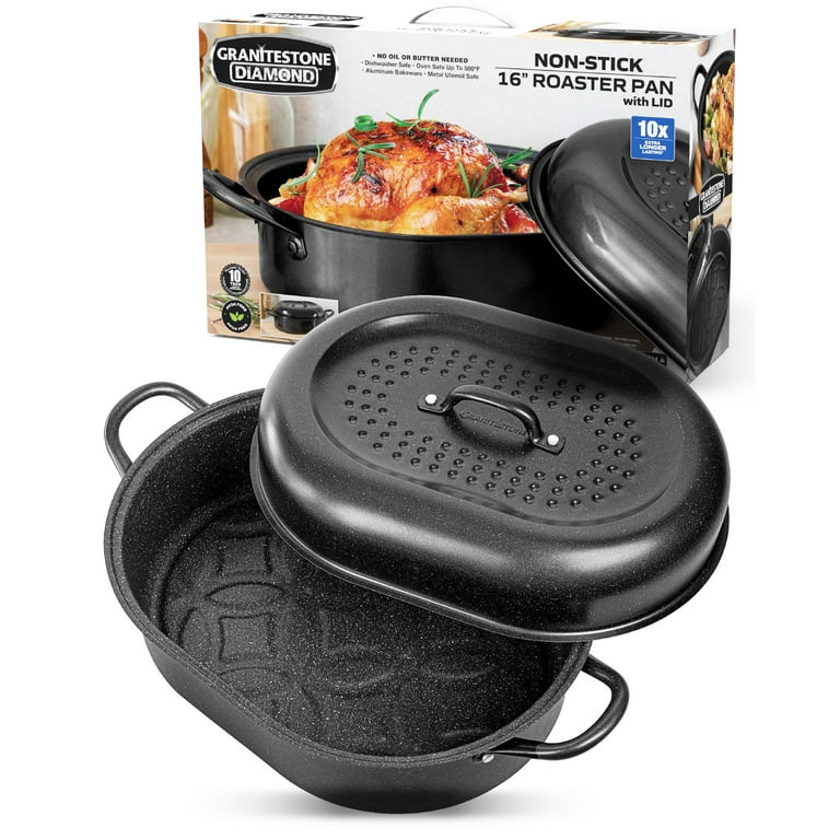 Granitestone Diamond Nonstick Roasting Pan 16 Oven Roaster Rotisserie Poultry Turkey Lasagna Deep Pan with Lid Small