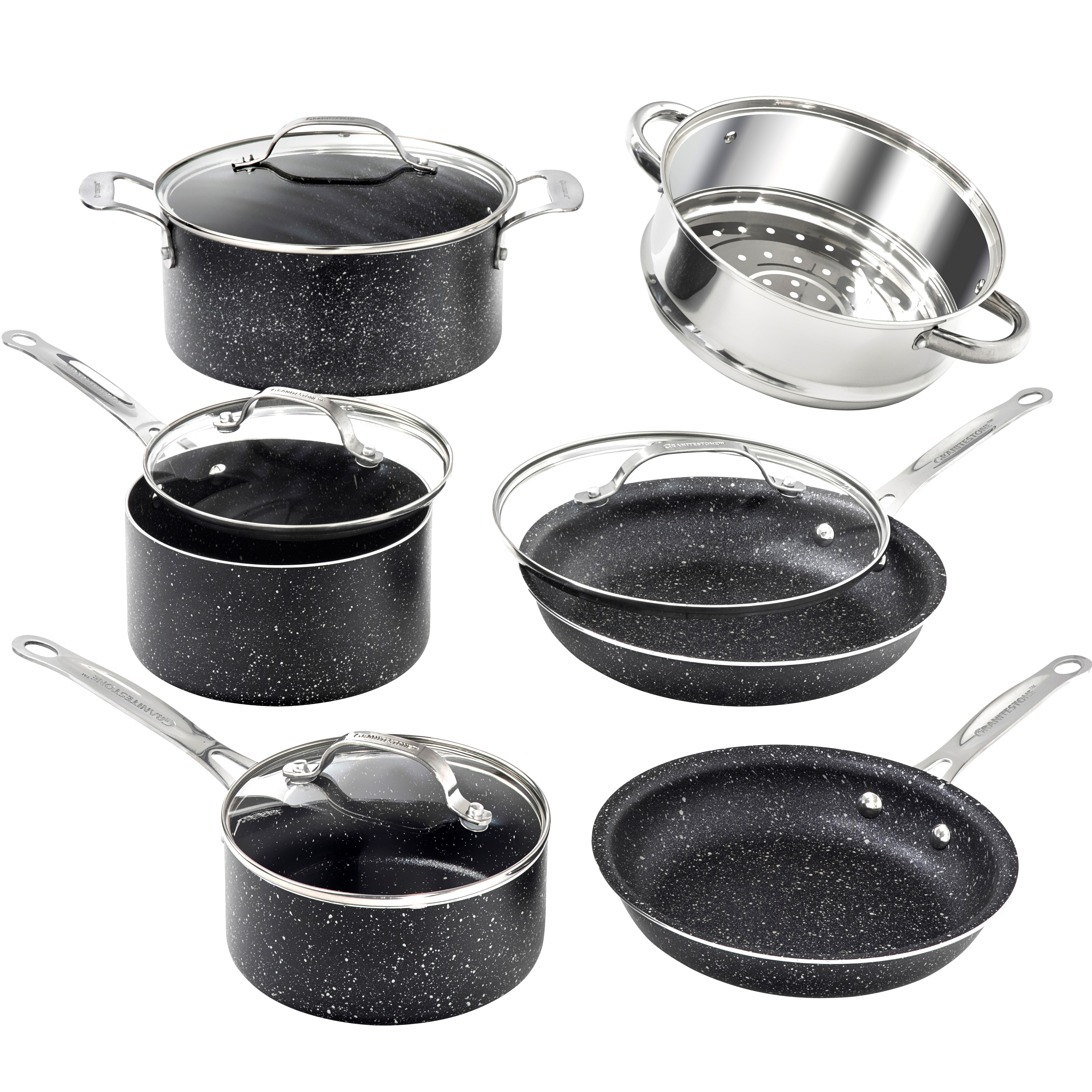 Granite Stone Pots and Pans Set, 10 Piece Nonstick Cookware Set, Includes Steamer, Scratch Resistant, Granite Coated, Dishwasher and Oven-Safe, PFOA-Free, Black - image 1 of 11