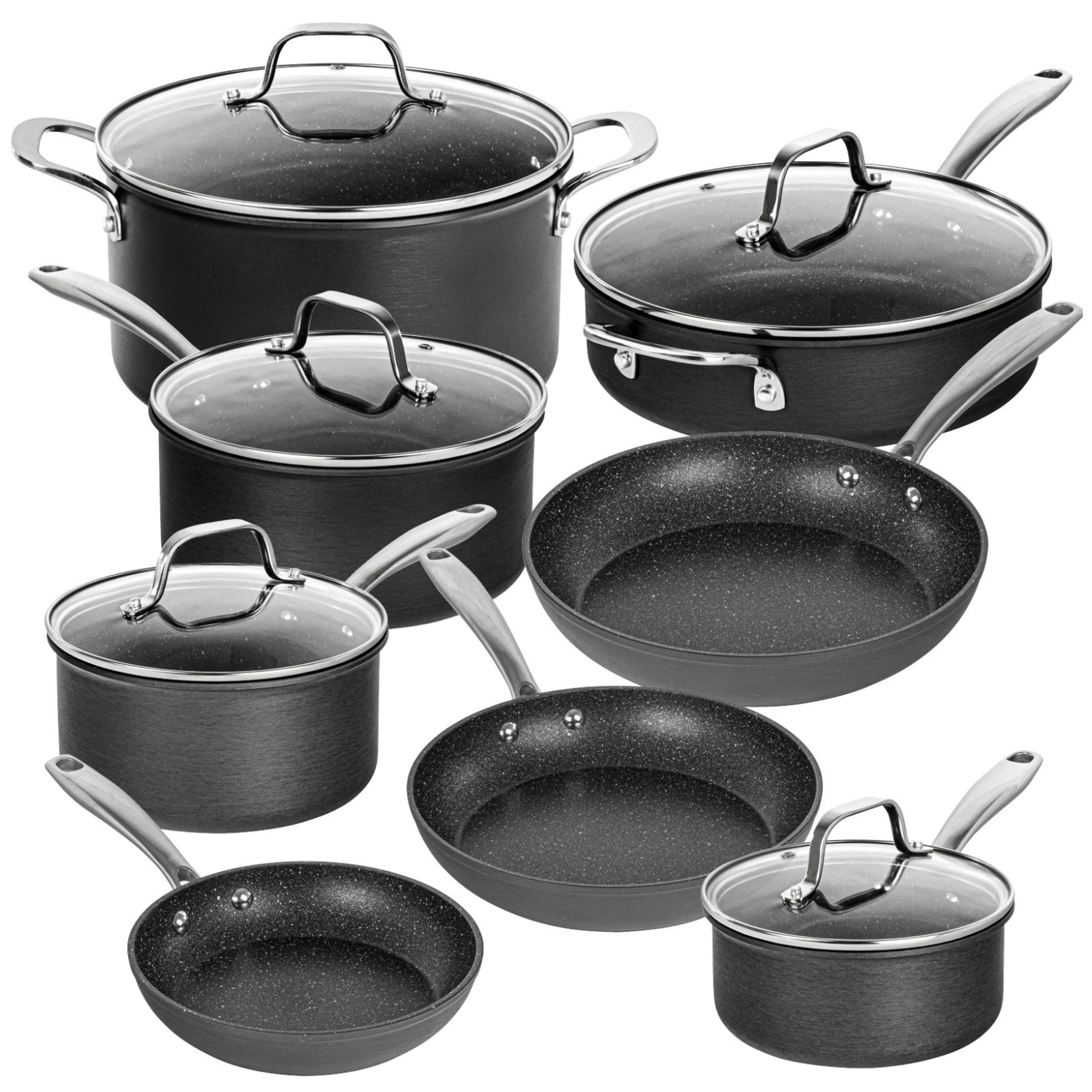 Nonstick Cookware Set Non Toxic 100% PFOA Free Compatible Induction Pots  and Pans Sets with Glass Lid 13 Piece - Marble Black