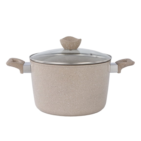 Granite-Style 6 Quart Non-Stick Stock Pot with Glass Lid - Beige Speckled Cooking Pot, Beige