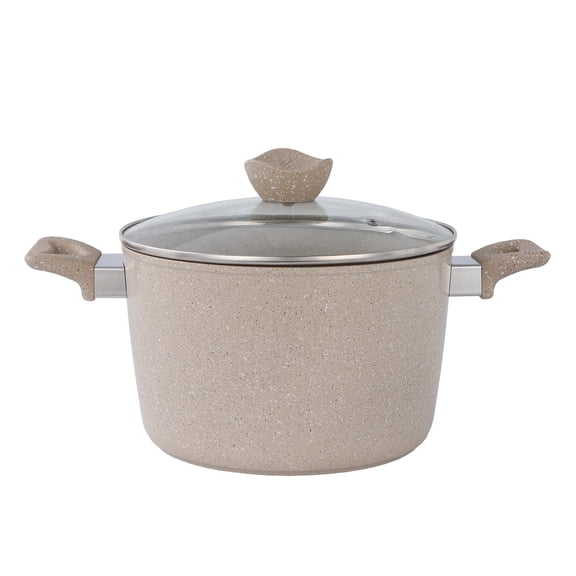 Granite-Style Cooking Pot with Glass Lid, Beige Speckled, 5 Quart, Non-Stick Stock Pot for Kitchen, Stovetop