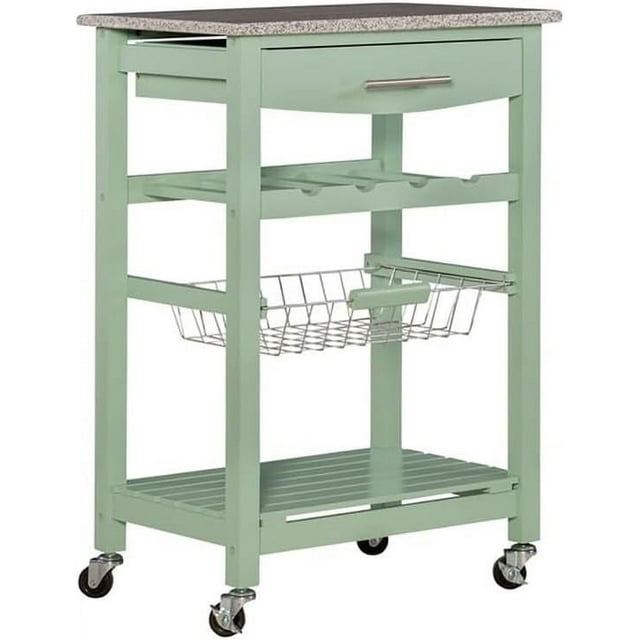 Granite Top Pine Wood Rolling Kitchen Island Microwave Cart on Wheels