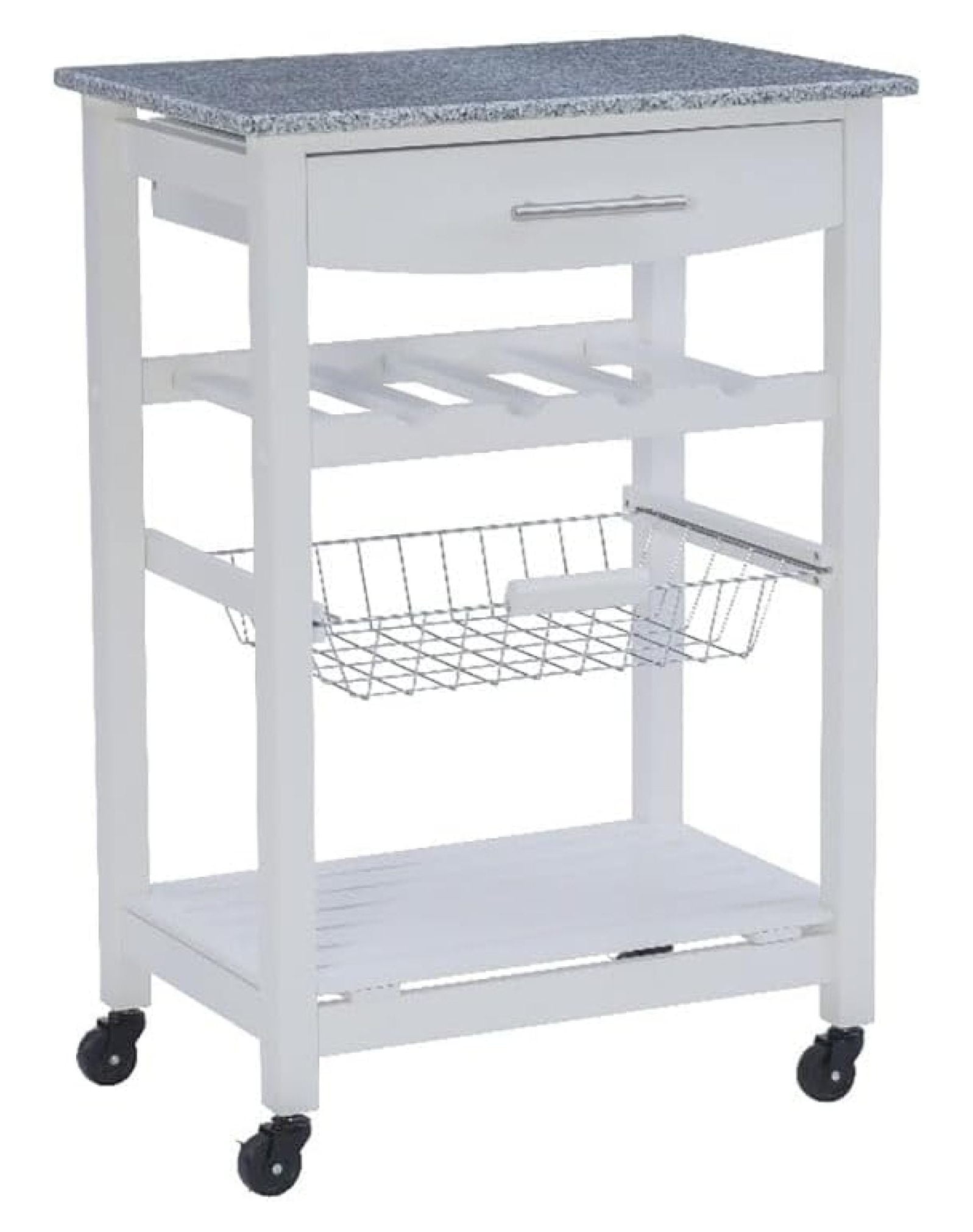 Granite Top Pine Wood Rolling Kitchen Island Microwave Cart on Wheels