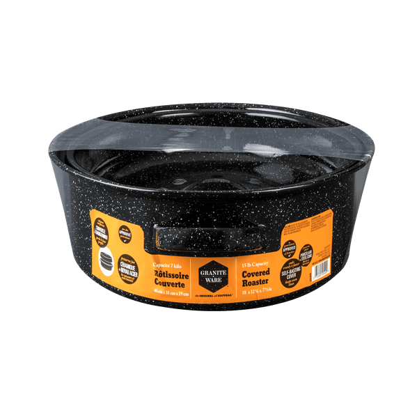 Granite Ware 10 lb. Capacity 15 in. Covered Oval Roaster, Speckled Black Enamel on Steel