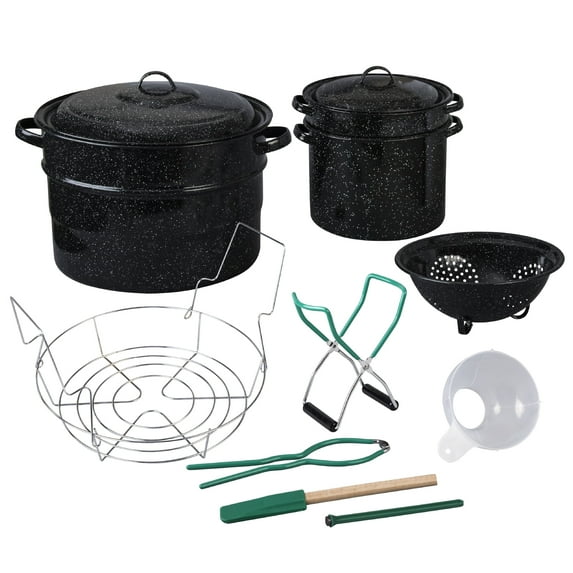 Granite Ware 12 Piece Enamelware Water bath Canning Pot (Speckled Black) with Canning Toolset, Colander, Blancher and Rack. Canning Supplies Starter Kit, Canning Supplies. Canning Kit.