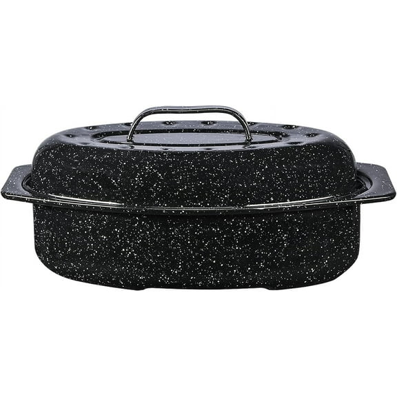Granite Ware 13-inch oval roaster with Lid. Enameled steel design to accommodate up to 7 lb poultry/roast. Resists up to 932F. Ideal for preparing meals for two!