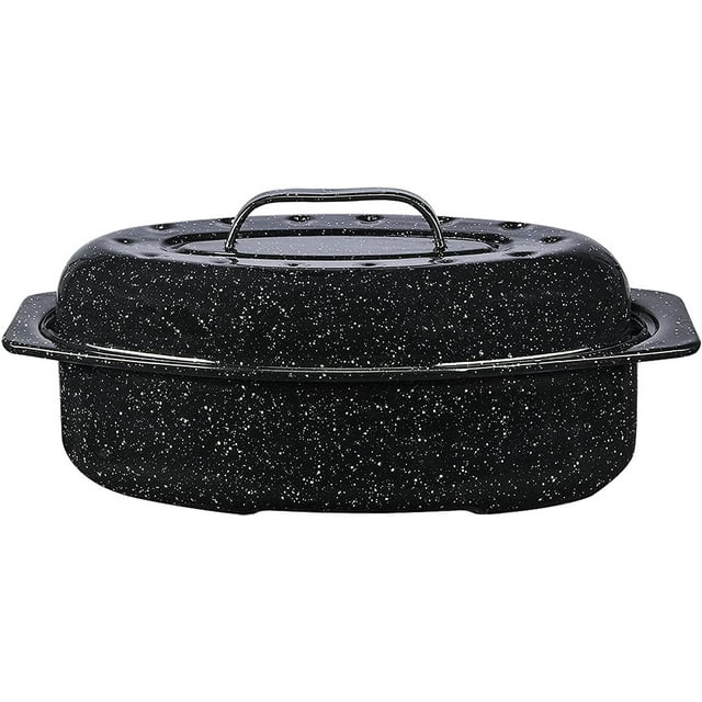 Granite Ware 13 inch oval roaster with Lid. Enameled steel design to accommodate up to 7 lb poultry/roast. Resists up to 932°F