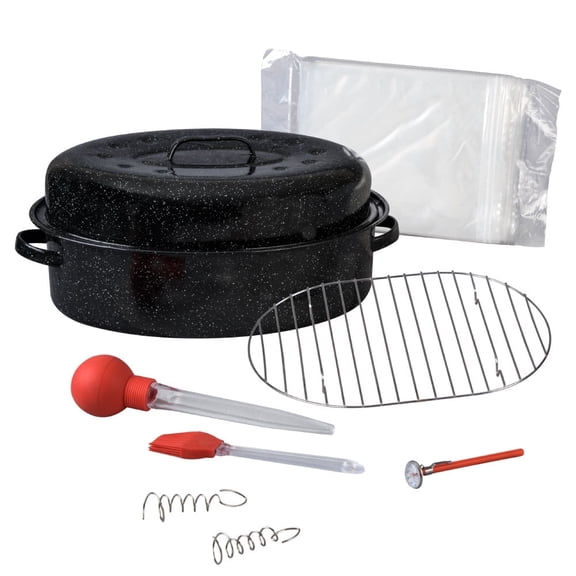 Granite Ware 19-Inch Enamel Steel Oval Roaster Set, 10-Piece Set with Lid, Rack & Roasting Tools