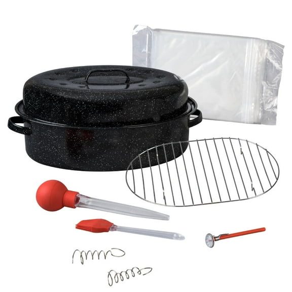 Granite Ware 19-Inch Enamel Steel Oval Roaster Set, 10-Piece Set with Lid, Rack & Roasting Tools
