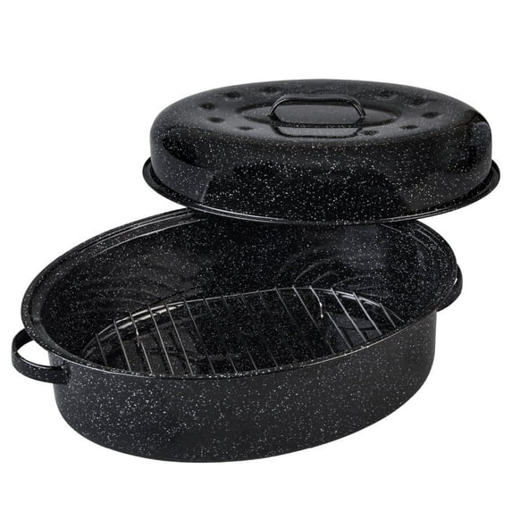 Granite Ware 19 inch Oval Roaster with Lid, Oval Rack included (Speckled Black) - Design to accommodate up to 20 lb poultry/roast. Resists up to 932°F