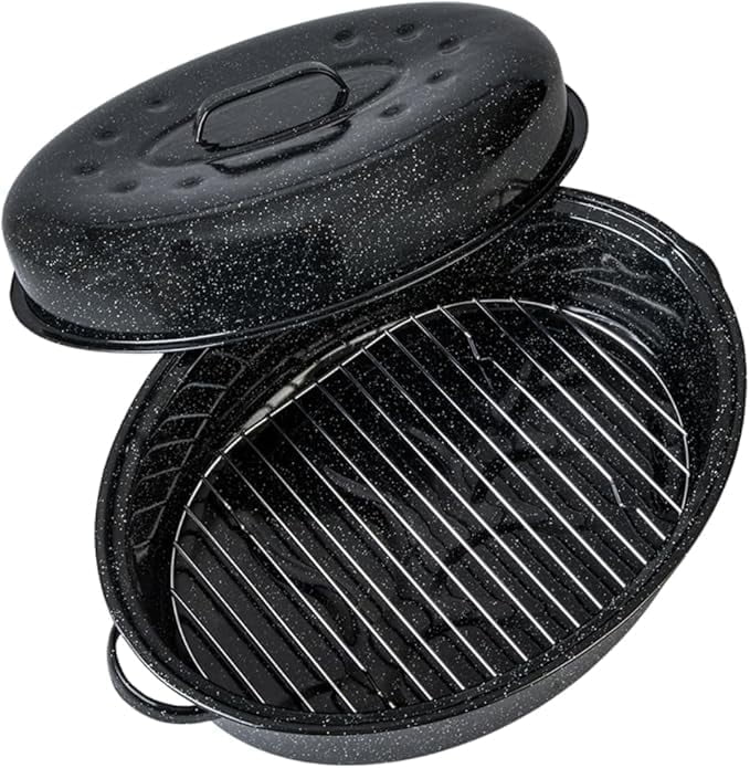 Granite Ware 19 inch Oval Roaster with Lid, Oval Rack included (Speckled Black) - Design to accommodate up to 20 lb poultry/roast. Resists up to 932°F