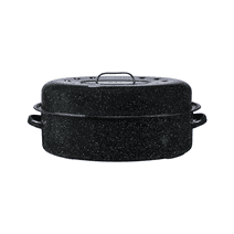 Granite Ware 19 inch oval roaster with Lid enameled steel design to accommodate up to 20 lb poultry/roast. Resists up to 932°F