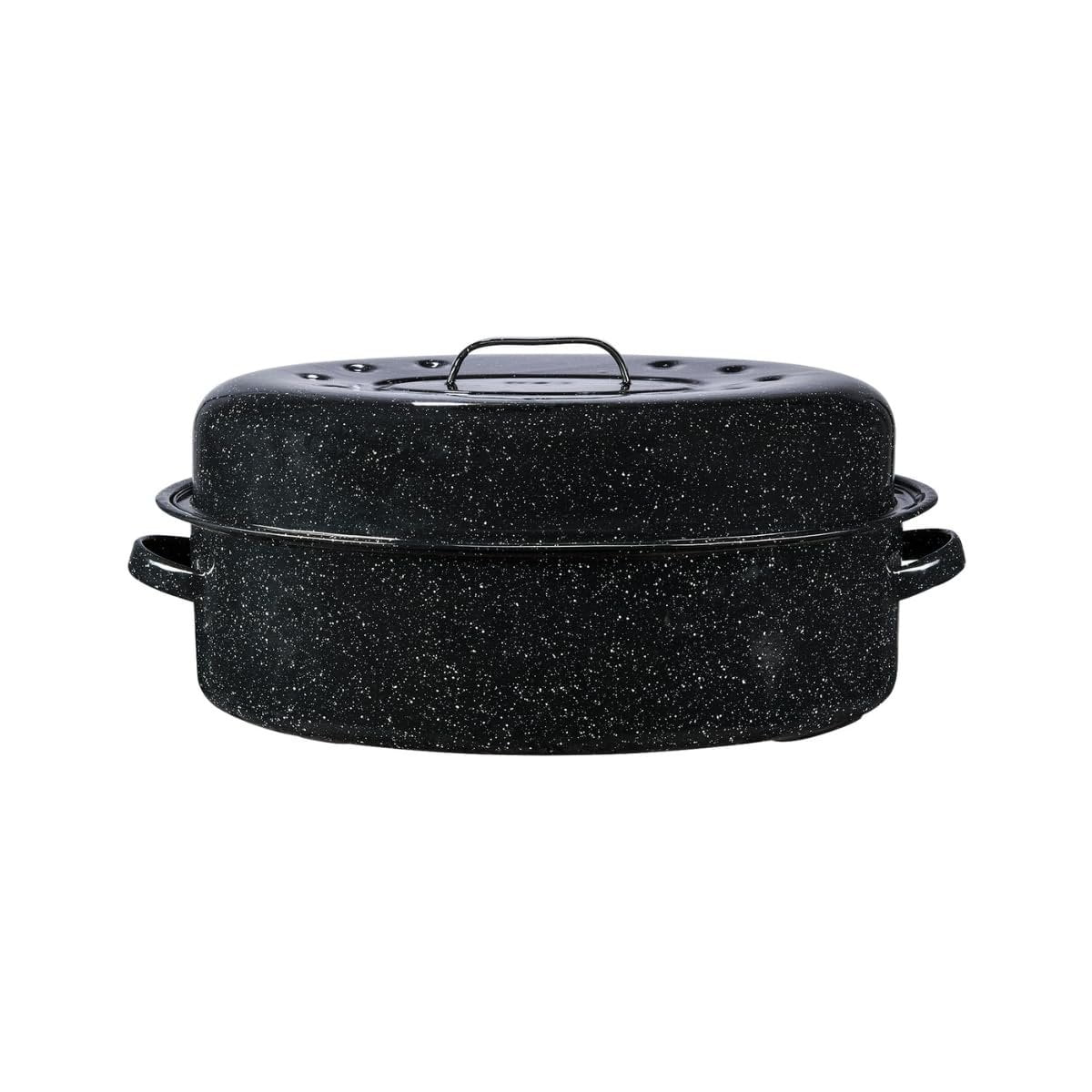 19" Black Oval Non-Stick Covered Roaster with Porcelain Handles