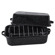 Granite Ware 21 in Rectangular Roaster with Lid and V Rack, Speckled Black, Holds up to 25 lb Poultry or Roast