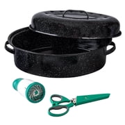 Granite Ware 4-Piece 18-in Roasting Set W/Lid, Enameled Steel, Speckled Black