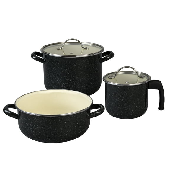 Granite Ware 5-Piece Bicolour Cookware Set, Enameled Steel with Glass Lid, Speckled Black & Cream, Oven Safe to 935°F
