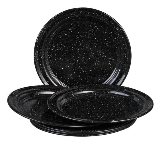 Cinsa 6-Piece 10-Inch Enameled Steel Plate Set (Speckled Black), Indoor/Outdoor Use, Reusable, Oven and Fire-Safe