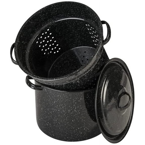 Granite Ware 7.5 Qt 3 Piece Multiuse Pasta Pot Set, Strainer Pot with lid. (Speckled Black) Seafood, Soups, Sauce, Large Capacity. Easy to Clean. Dishwasher Safe.