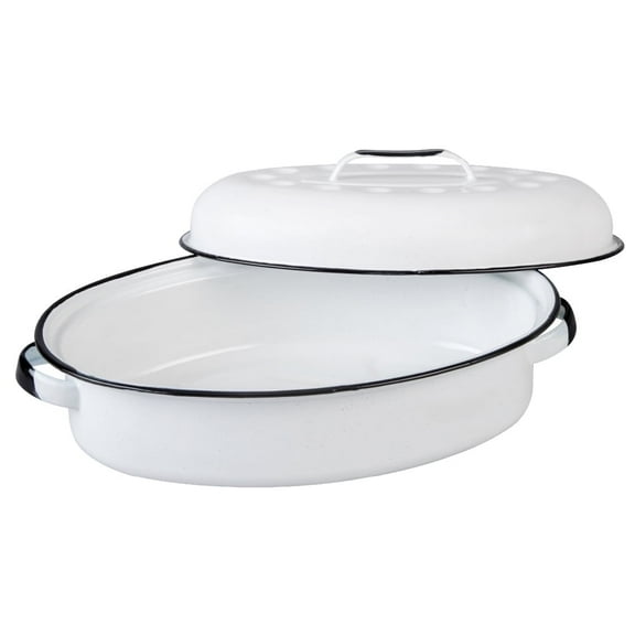 Granite Ware Roasting 15 x 10 in Oval Roasting Pan with Nonstick Enameled Steele, White