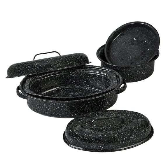 Granite Ware Roasting Set Covered 13 in and 15 in Oval roaster and 3 lb round roaster. Enameled Steel - Speckled black