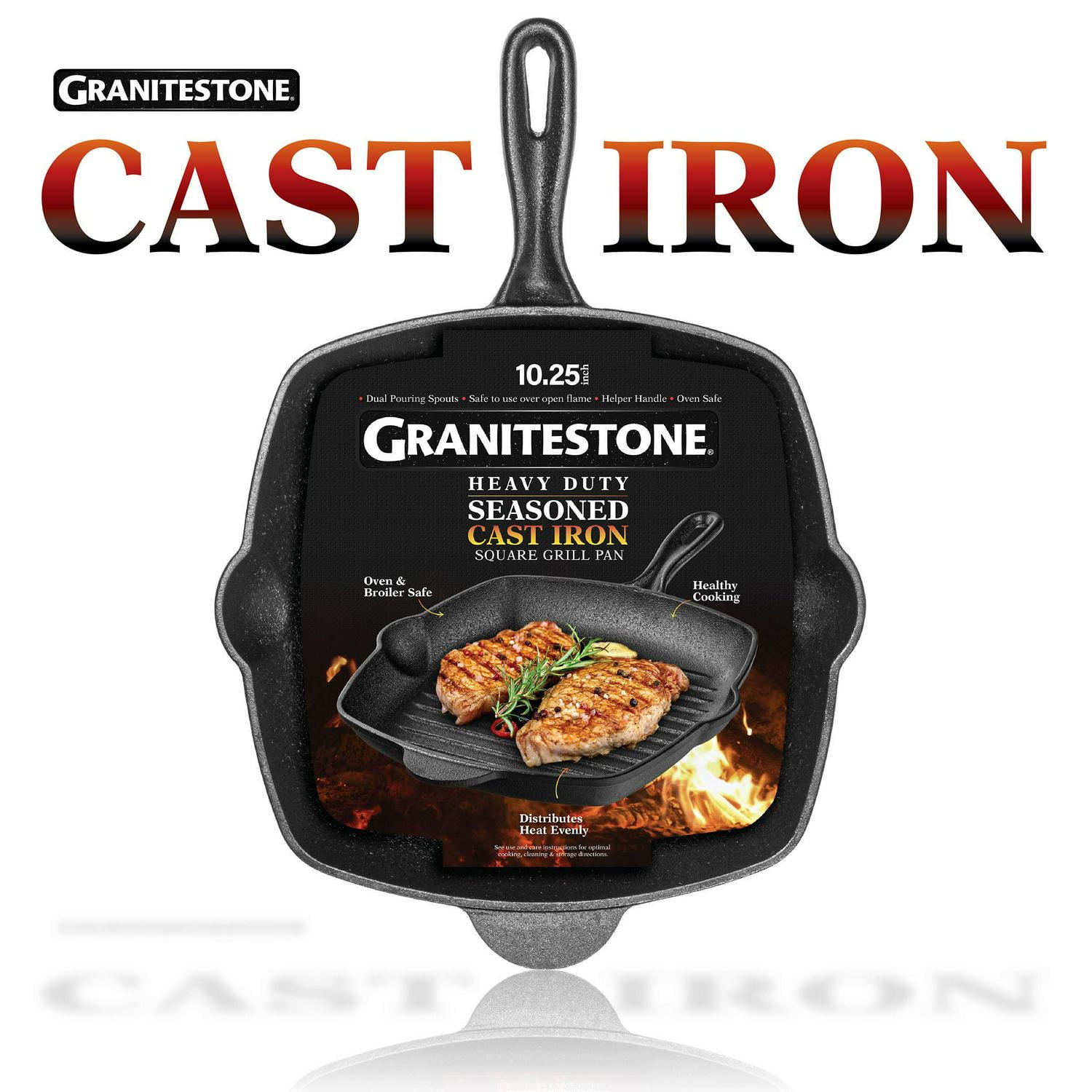 GraniteStone 10.25 inch Pre-Seasoned Cast Iron Square Grill Pan