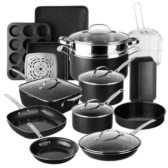 Granitestone Ceraluxe 20Pcs Ceramic Cookware Set Nonstick, Complete Pots and Pans Set Non Stick with 5 Pc Bakeware Set, Deep Frying Pan Set, & Steamer, Non Toxic, Oven & Dishwasher Safe, Black