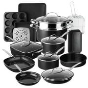 Granitestone Ceraluxe 20Pcs Ceramic Cookware Set Nonstick, Complete Pots and Pans Set Non Stick with 5 Pc Bakeware Set, Deep Frying Pan Set, Steamer, Non Toxic, Oven & Dishwasher Safe, Black