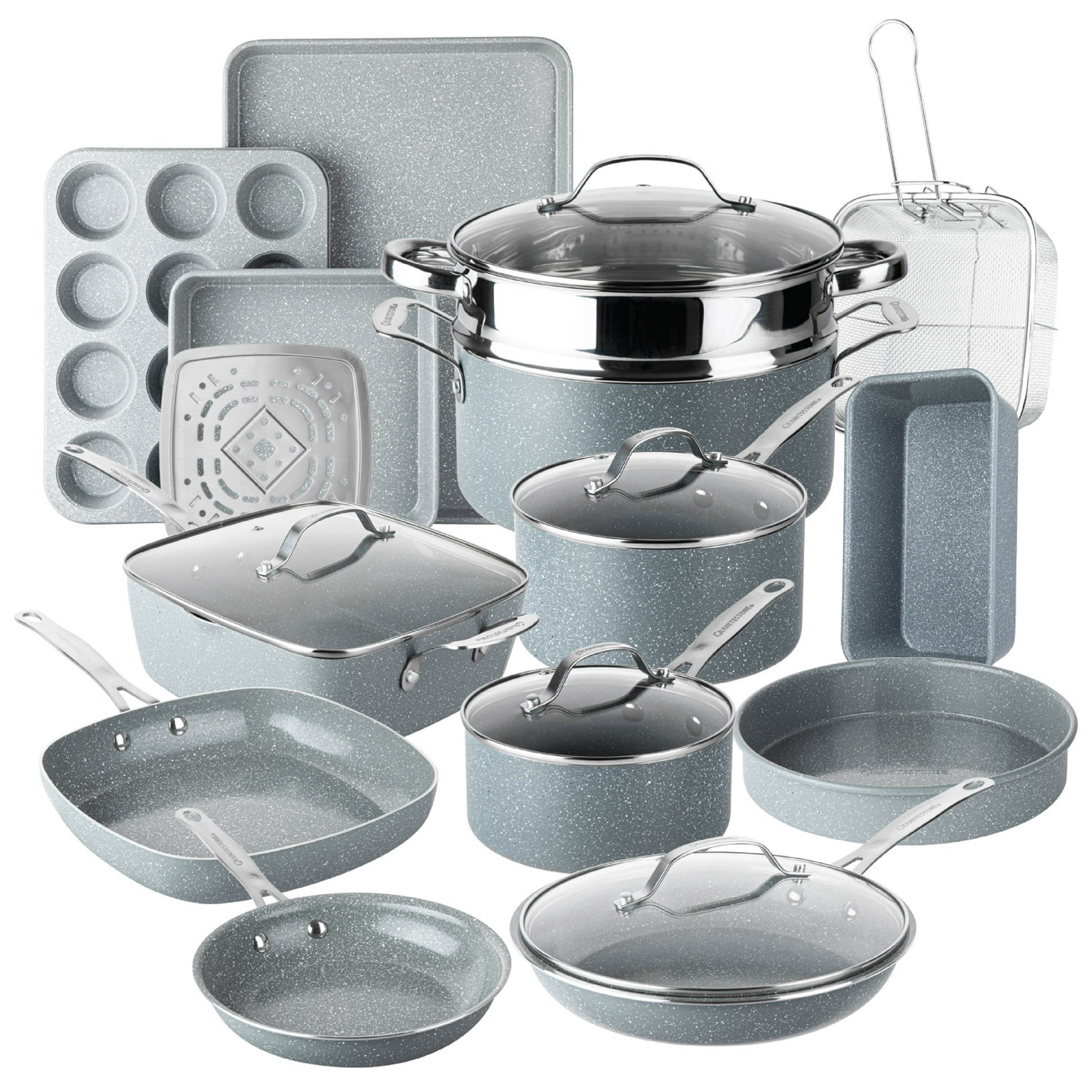 Granitestone Ceraluxe 20Pcs Ceramic Cookware Set Nonstick, Complete Pots and Pans Set Non Stick with 5 Pc Bakeware Set, Deep Frying Pan Set, & Steamer, Gray