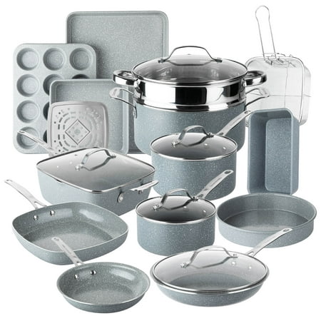 Granitestone Ceraluxe 20Pcs Ceramic Cookware Set Nonstick, Complete Pots and Pans Set Non Stick with 5 Pc Bakeware Set, Deep Frying Pan Set, & Steamer, Non Toxic, Oven & Dishwasher Safe, Gray