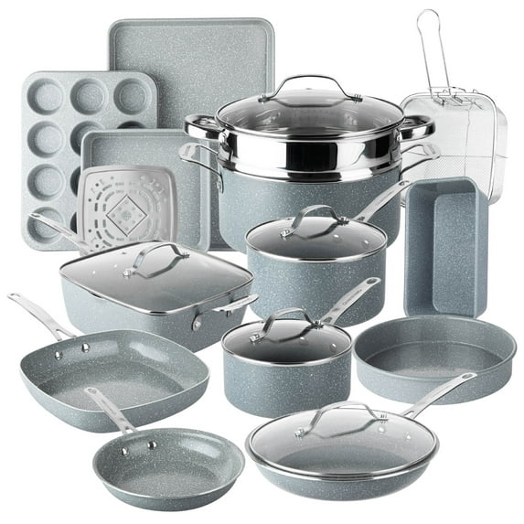 Granitestone Ceraluxe 20Pcs Ceramic Cookware Set Nonstick, Complete Pots and Pans Set Non Stick with 5 Pc Bakeware Set, Deep Frying Pan Set, & Steamer, Non Toxic, Oven & Dishwasher Safe, Gray