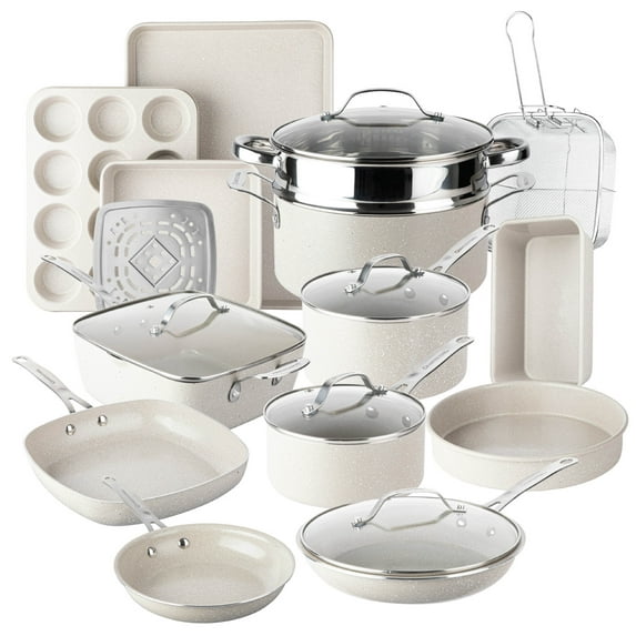 Granitestone Ceraluxe 20Pcs Ceramic Cookware Set Nonstick, Complete Pots and Pans Set Non Stick with 5 Pc Bakeware Set, Deep Frying Pan Set, & Steamer, Non Toxic, Oven & Dishwasher Safe, Beige