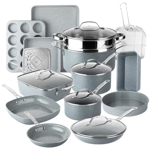 Granitestone Ceraluxe 20 Pc Pots and Pans Set Non Stick, Ceramic Cookware Set with 5-Pc Bakeware, Deep Frying Pan & Steamer, Oven & Dishwasher Safe, Gray