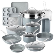 Granitestone Ceraluxe 20 Pc Pots and Pans Set Non Stick, Ceramic Cookware Set with 5-Pc Bakeware, Deep Frying Pan & Steamer, Oven & Dishwasher Safe, Gray