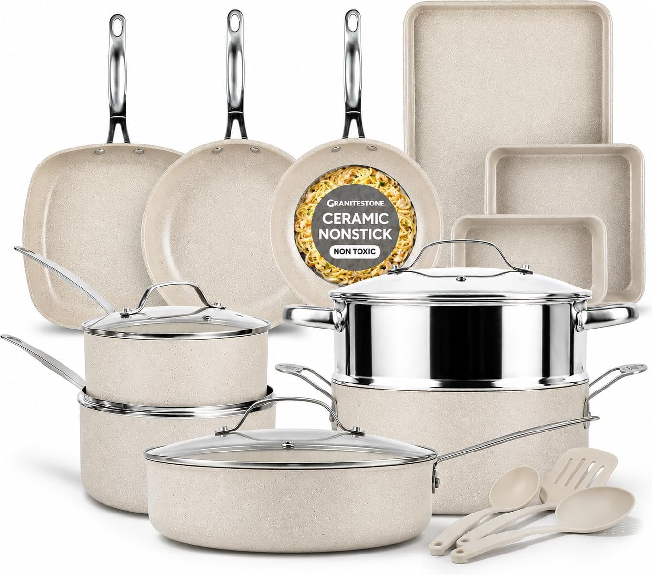 Granitestone 20 Pc Pots and Pans Set Non Stick, Pots and Pans Ceramic Cookware Set with Square Pan, Pot and Pan Set with Bakeware/Utensils, Non Stick Pots and Pan Set, Oven/Dishwasher Safe, Cream