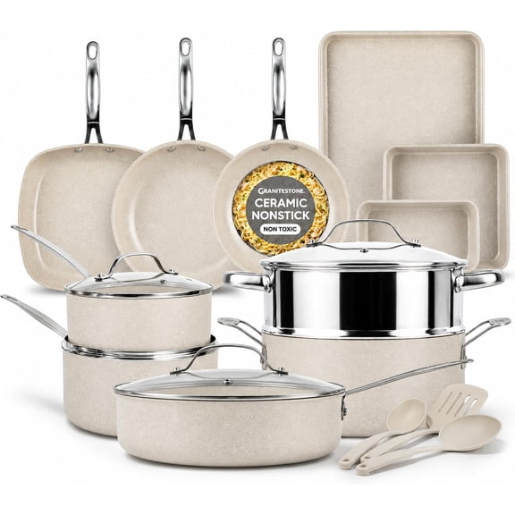 Granitestone 20 Pc Pots and Pans Set Non Stick, Pots and Pans Ceramic Cookware Set with Square Pan, Pot and Pan Set with Bakeware/Utensils, Non Stick Pots and Pan Set, Oven/Dishwasher Safe, Cream