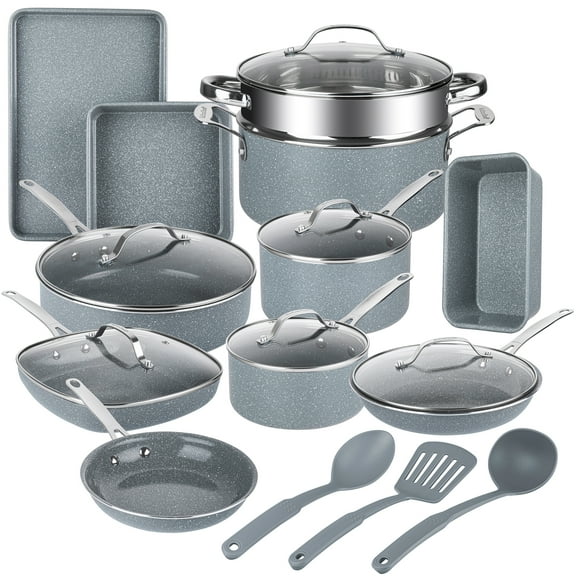 Granitestone 20 Pc Pots and Pans Set Non Stick, Pots and Pans Ceramic Cookware Set with Square Pan, Pot and Pan Set with Bakeware/Utensils, Non Stick Pots and Pan Set, Oven/Dishwasher Safe, Gray