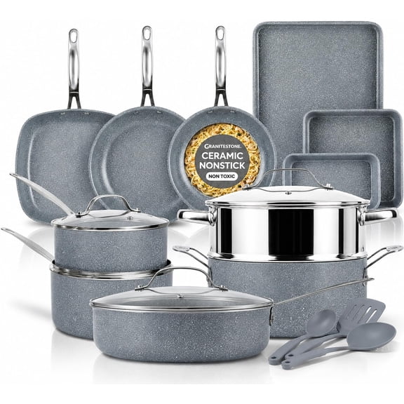 Granitestone 20 Pc Pots and Pans Set Non Stick, Pots and Pans Ceramic Cookware Set with Square Pan, Pot and Pan Set with Bakeware/Utensils, Non Stick Pots and Pan Set, Oven/Dishwasher Safe, Gray