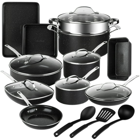 Granitestone 20 Pc Pots and Pans Set Non Stick, Pots and Pans Ceramic Cookware Set with Square Pan, Pot and Pan Set with Bakeware/Utensils, Non Stick Pots and Pan Set, Oven/Dishwasher Safe, Black