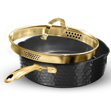 Granitestone Hammered 4 Qt Saute Pan with Lid - 12 Inch Non Stick Frying Pan with Strainer Holes, Cooking Pan, Nonstick Skillet, Induction Pan, Ceramic Pan, Dishwasher Safe, Black
